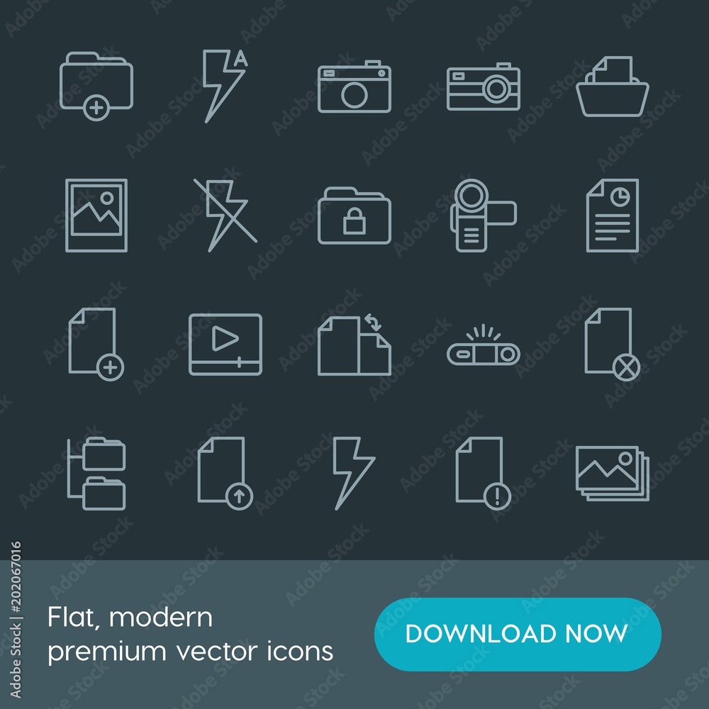 Modern Simple Set of folder, video, photos, files Vector outline Icons. Contains such Icons as photography, pocket, lens, icon, new and more on dark background. Fully Editable. Pixel Perfect. Modern Simple Set of folder, video, photos, files Vector outline Icons. Contains such Icons as photography, pocket, lens, icon, new and more on dark background. Fully Editable. Pixel Perfect.