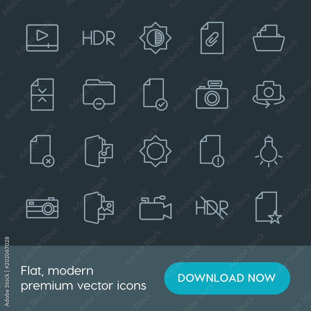 Modern Simple Set of folder, video, photos, files Vector outline Icons. Contains such Icons as  file,  divider,  architecture, dark, folder and more on dark background. Fully Editable. Pixel Perfect.
