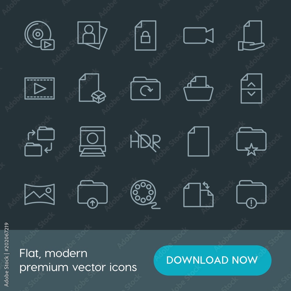 Modern Simple Set of folder, video, photos, files Vector outline Icons. Contains such Icons as player, box,  nature, security,  web, star and more on dark background. Fully Editable. Pixel Perfect.