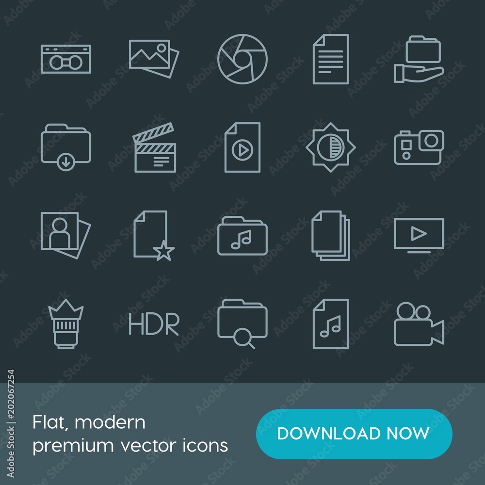 Modern Simple Set of folder, video, photos, files Vector outline Icons. Contains such Icons as storage, music, objective, search, old and more on dark background. Fully Editable. Pixel Perfect. Modern Simple Set of folder, video, photos, files Vector outline Icons. Contains such Icons as storage, music, objective, search, old and more on dark background. Fully Editable. Pixel Perfect.