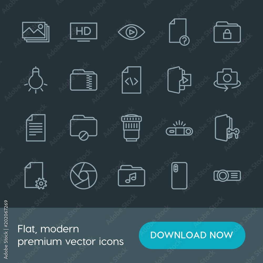 Modern Simple Set of folder, video, photos, files Vector outline Icons. Contains such Icons as  background,  lamp, image,  catalog,  lock and more on dark background. Fully Editable. Pixel Perfect.