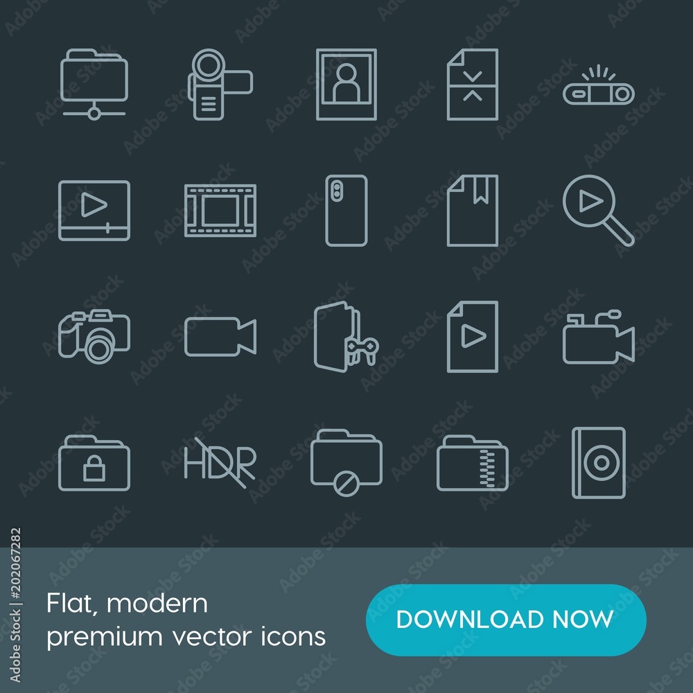 Modern Simple Set of folder, video, photos, files Vector outline Icons. Contains such Icons as dvd, divider, photography, button, shot and more on dark background. Fully Editable. Pixel Perfect. Modern Simple Set of folder, video, photos, files Vector outline Icons. Contains such Icons as dvd, divider, photography, button, shot and more on dark background. Fully Editable. Pixel Perfect.