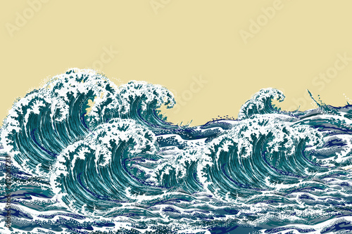 Sea waves. Hand drawn realistic illustration in oriental vintage ukiyo-e style.