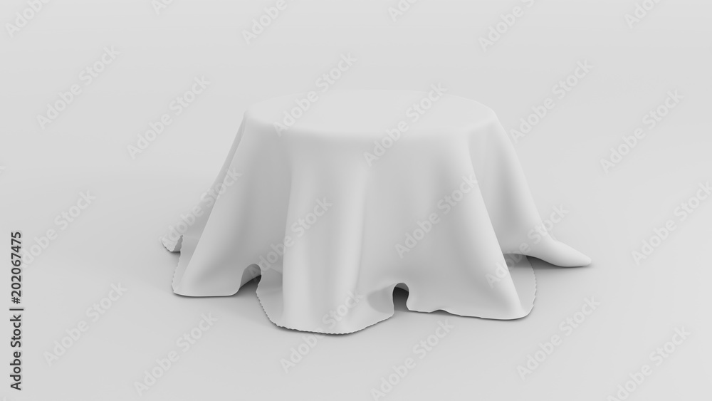 3d illustration of Round table covered with white fabric isolated on white background 3d illustration of Round table covered with white fabric isolated on white background