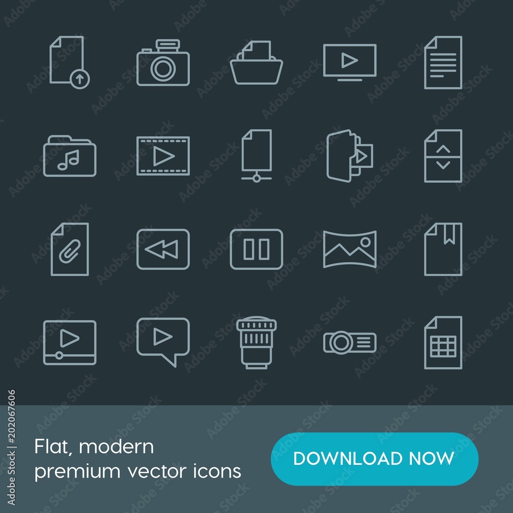 Modern Simple Set of folder, video, photos, files Vector outline Icons. Contains such Icons as music, lens, nature, bookmark, design and more on dark background. Fully Editable. Pixel Perfect. Modern Simple Set of folder, video, photos, files Vector outline Icons. Contains such Icons as music, lens, nature, bookmark, design and more on dark background. Fully Editable. Pixel Perfect.