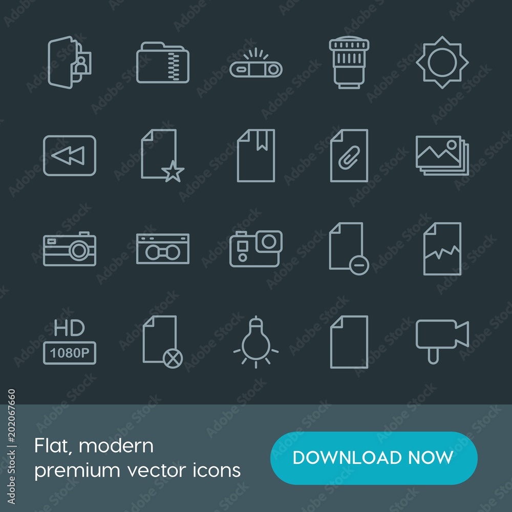 Modern Simple Set of folder, video, photos, files Vector outline Icons. Contains such Icons as symbol, lightbulb, camera, document, zip and more on dark background. Fully Editable. Pixel Perfect. Modern Simple Set of folder, video, photos, files Vector outline Icons. Contains such Icons as symbol, lightbulb, camera, document, zip and more on dark background. Fully Editable. Pixel Perfect.
