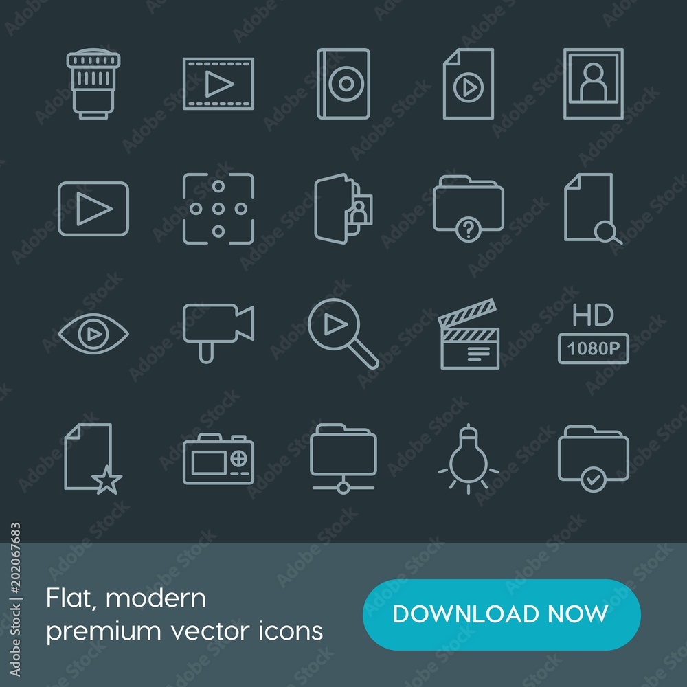 Modern Simple Set of folder, video, photos, files Vector outline Icons. Contains such Icons as  entertainment,  equipment,  cinema, movie and more on dark background. Fully Editable. Pixel Perfect.