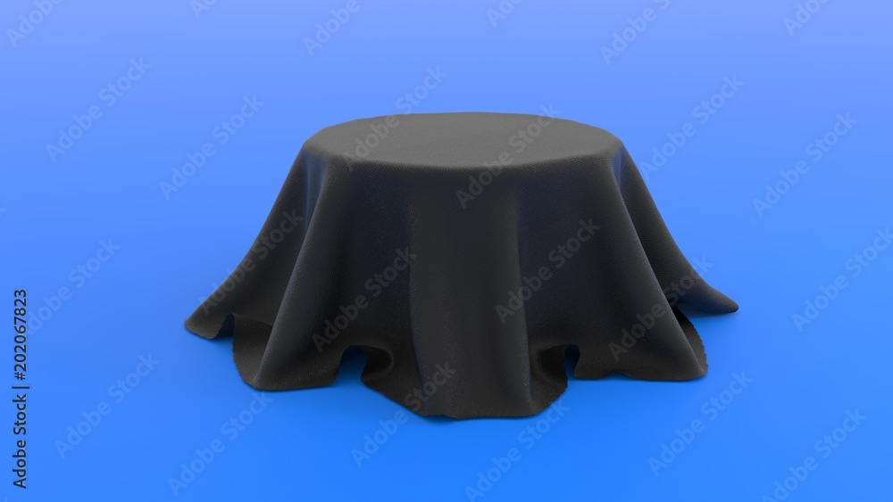 
3d illustration of Round table covered with black fabric isolated on blue background