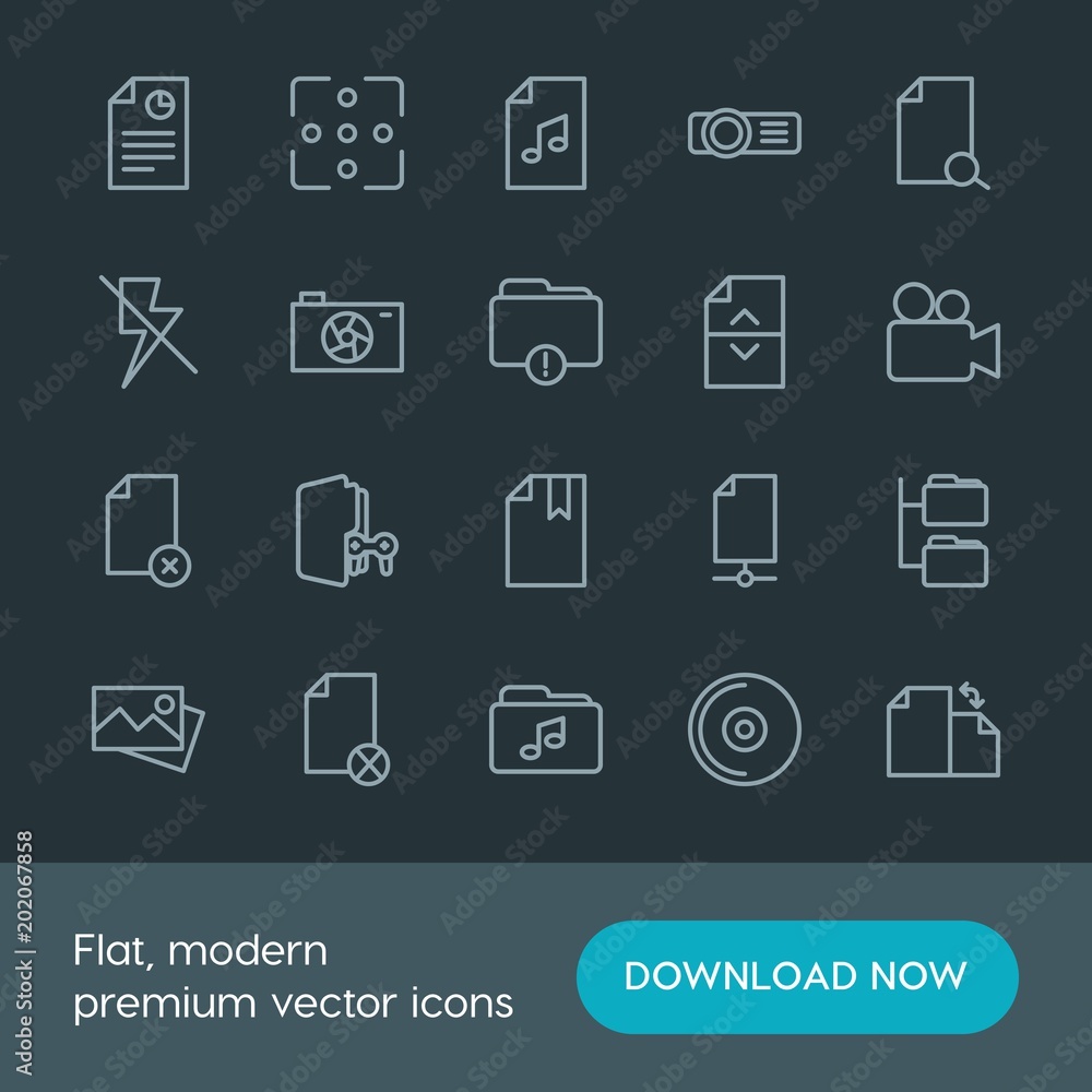 Modern Simple Set of folder, video, photos, files Vector outline Icons. Contains such Icons as  search,  report,  network,  block,  computer and more on dark background. Fully Editable. Pixel Perfect.