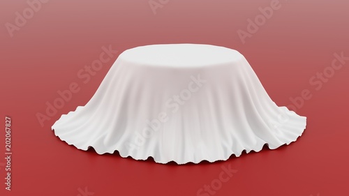 3d illustration of Round table covered with white fabric isolated on red background