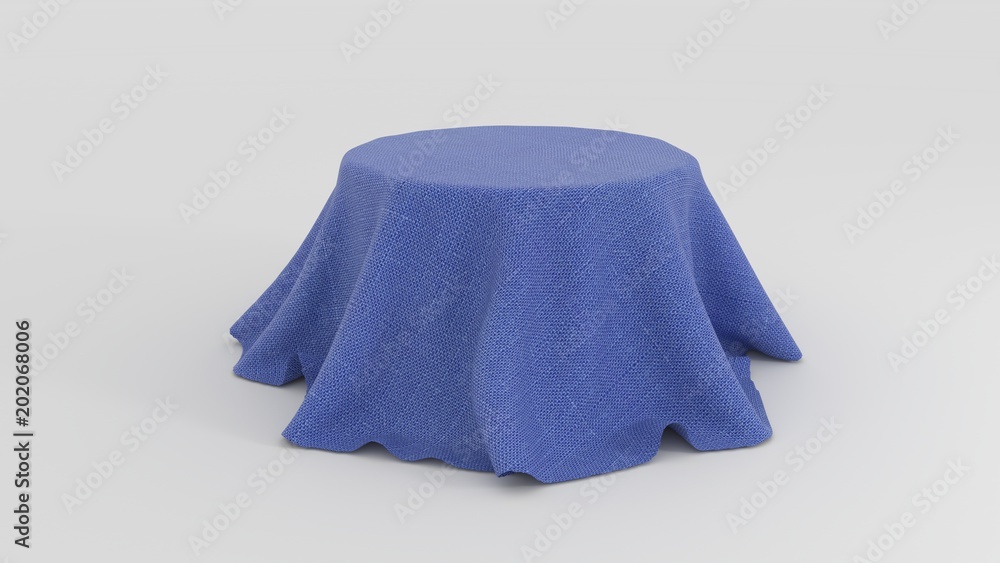 3d illustration of Round table covered with blue fabric isolated on white background 3d illustration of Round table covered with blue fabric isolated on white background