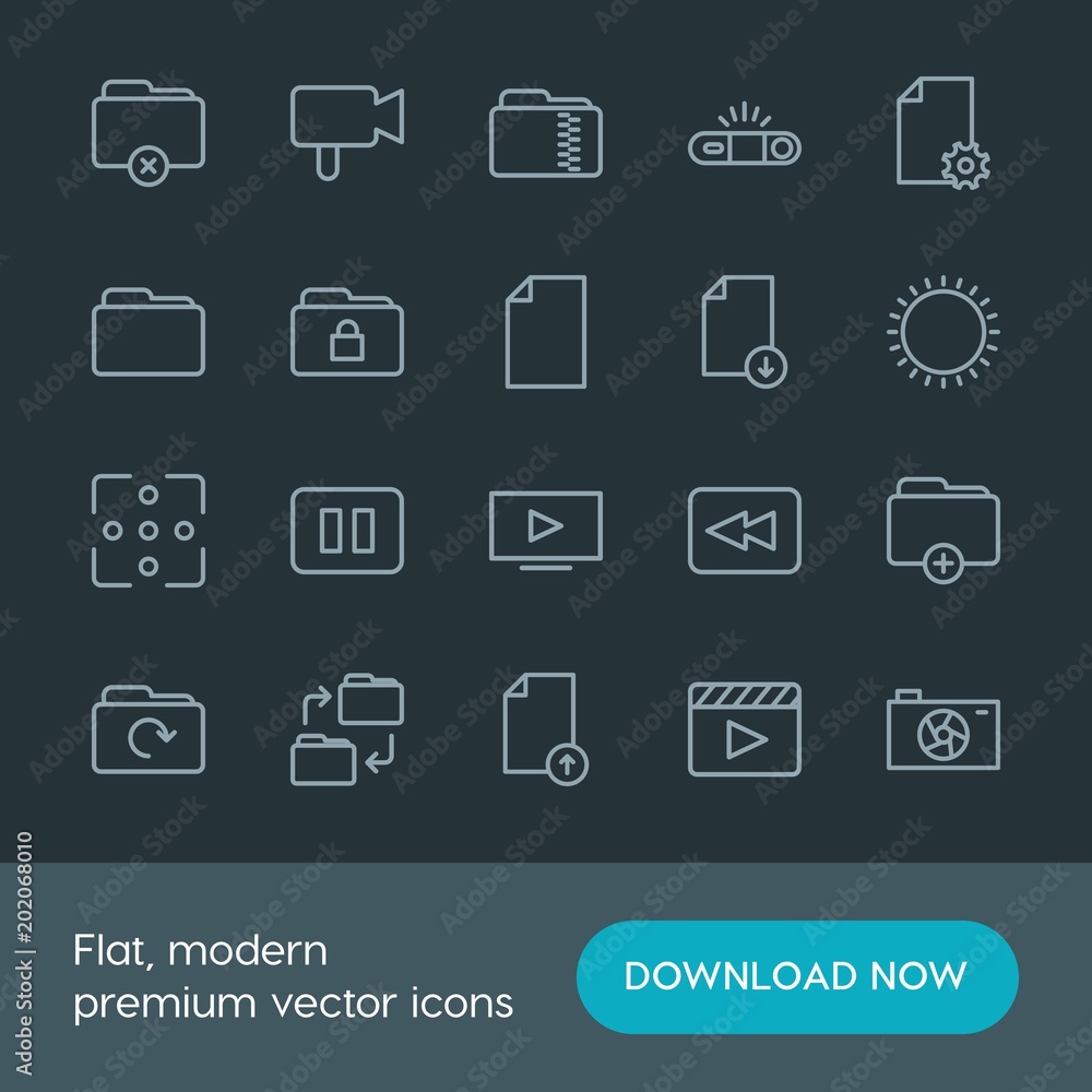 Modern Simple Set of folder, video, photos, files Vector outline Icons. Contains such Icons as concept, white, update, video, pause and more on dark background. Fully Editable. Pixel Perfect. Modern Simple Set of folder, video, photos, files Vector outline Icons. Contains such Icons as concept, white, update, video, pause and more on dark background. Fully Editable. Pixel Perfect.