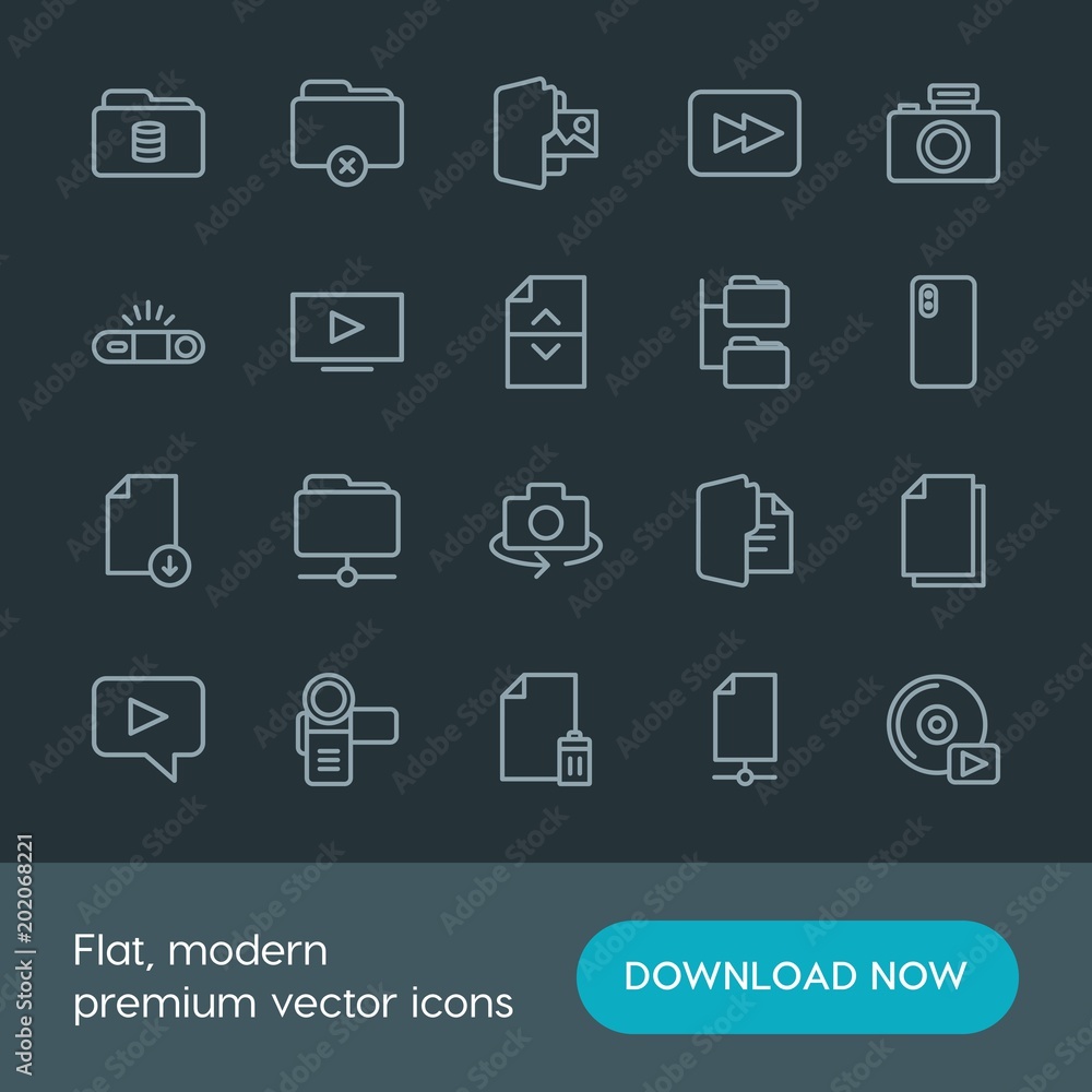 Modern Simple Set of folder, video, photos, files Vector outline Icons. Contains such Icons as icon, rewind, folder, mobile, hand, play and more on dark background. Fully Editable. Pixel Perfect. Modern Simple Set of folder, video, photos, files Vector outline Icons. Contains such Icons as icon, rewind, folder, mobile, hand, play and more on dark background. Fully Editable. Pixel Perfect.