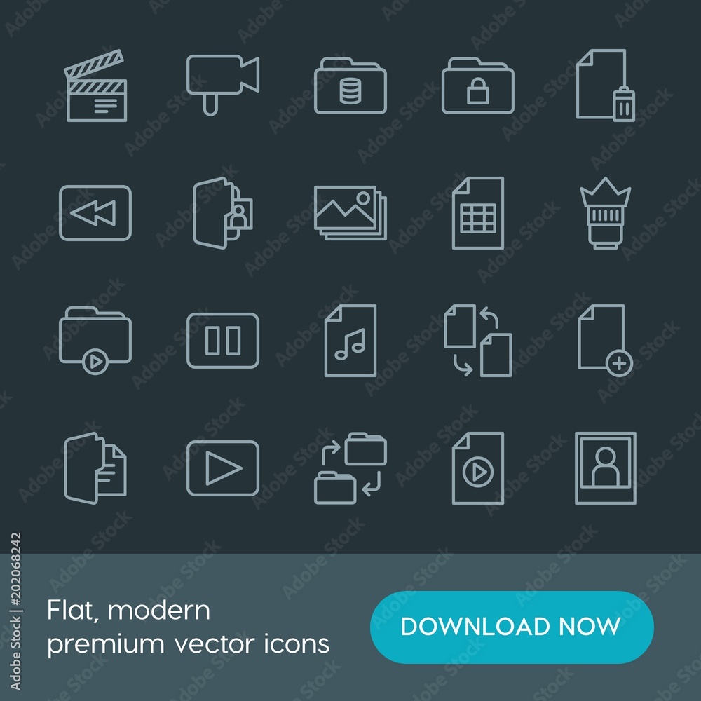 Modern Simple Set of folder, video, photos, files Vector outline Icons. Contains such Icons as  pause,  play,  people,  design, add,  game and more on dark background. Fully Editable. Pixel Perfect.