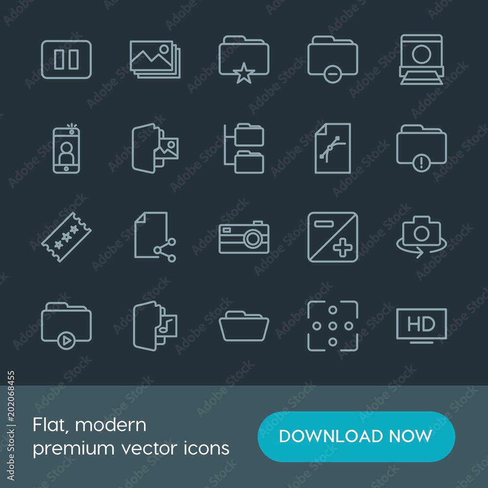 Modern Simple Set of folder, video, photos, files Vector outline Icons. Contains such Icons as photo, camera, symbol, gift, selfie, data and more on dark background. Fully Editable. Pixel Perfect. Modern Simple Set of folder, video, photos, files Vector outline Icons. Contains such Icons as photo, camera, symbol, gift, selfie, data and more on dark background. Fully Editable. Pixel Perfect.