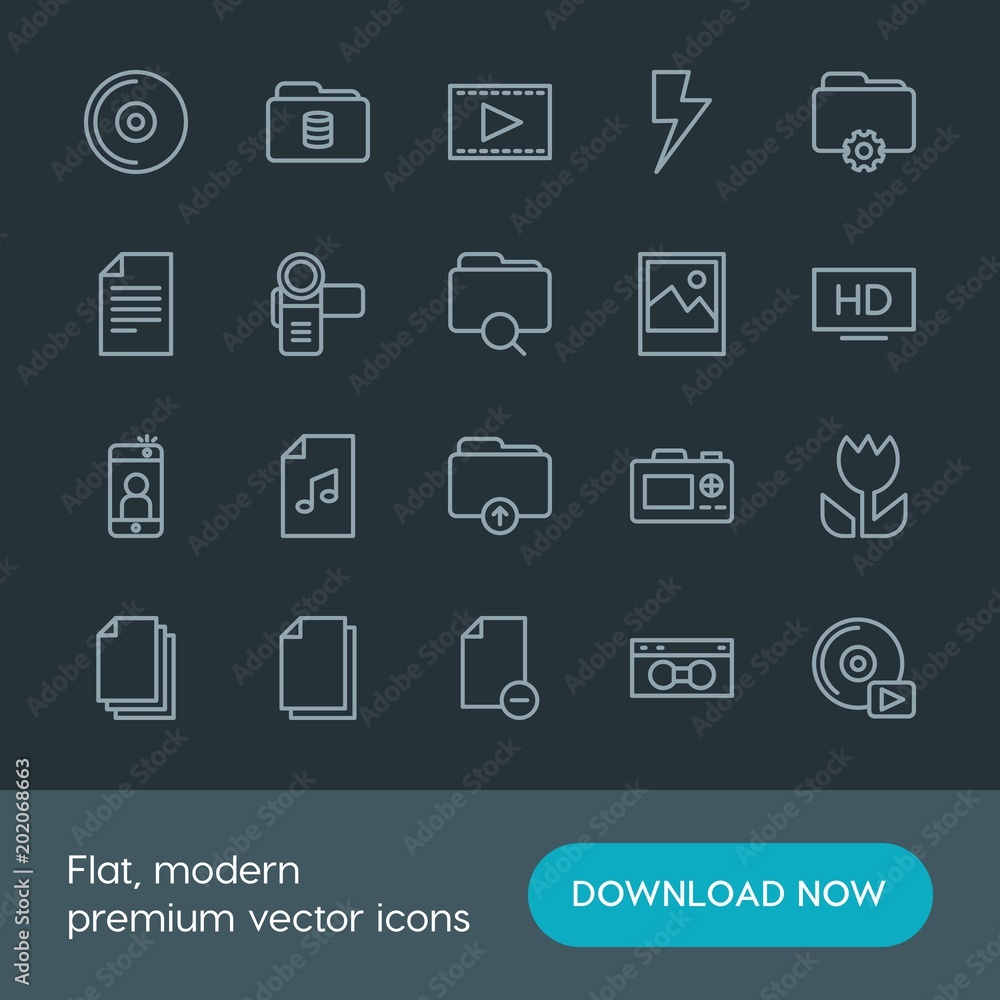 Modern Simple Set of folder, video, photos, files Vector outline Icons. Contains such Icons as light, cinema, remove, data, illustration and more on dark background. Fully Editable. Pixel Perfect. Modern Simple Set of folder, video, photos, files Vector outline Icons. Contains such Icons as light, cinema, remove, data, illustration and more on dark background. Fully Editable. Pixel Perfect.