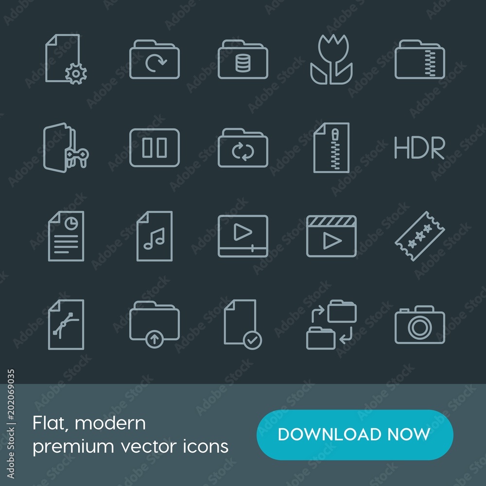 Modern Simple Set of folder, video, photos, files Vector outline Icons. Contains such Icons as hdr, cinema, film, graphic, set, file and more on dark background. Fully Editable. Pixel Perfect. Modern Simple Set of folder, video, photos, files Vector outline Icons. Contains such Icons as hdr, cinema, film, graphic, set, file and more on dark background. Fully Editable. Pixel Perfect.