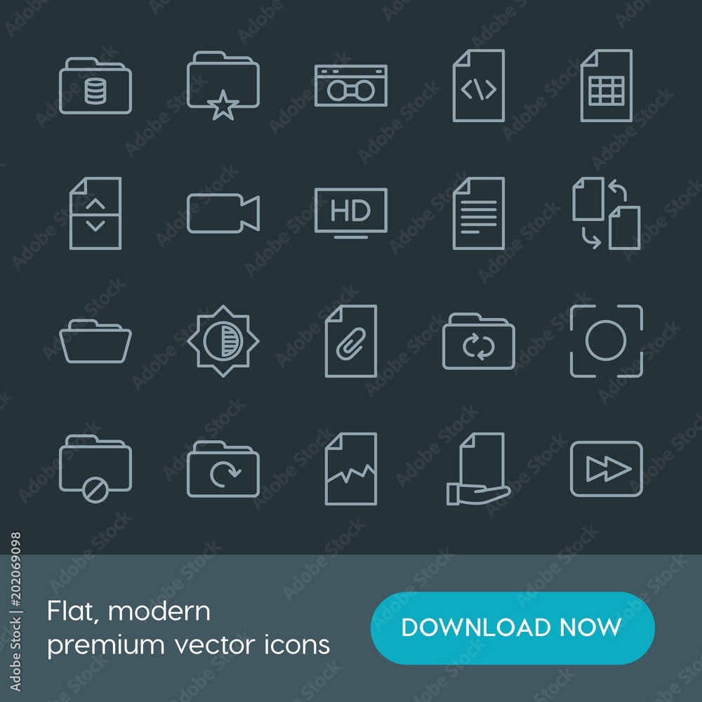 Modern Simple Set of folder, video, photos, files Vector outline Icons. Contains such Icons as booklet, video, code, leaflet, folder and more on dark background. Fully Editable. Pixel Perfect. Modern Simple Set of folder, video, photos, files Vector outline Icons. Contains such Icons as booklet, video, code, leaflet, folder and more on dark background. Fully Editable. Pixel Perfect.