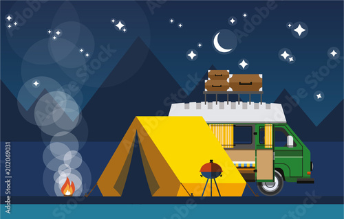 Camping. Car with a tent and bonfire in the evening in a flat style. The concept of camping and outdoor recreation. Vector illustration Eps10 file