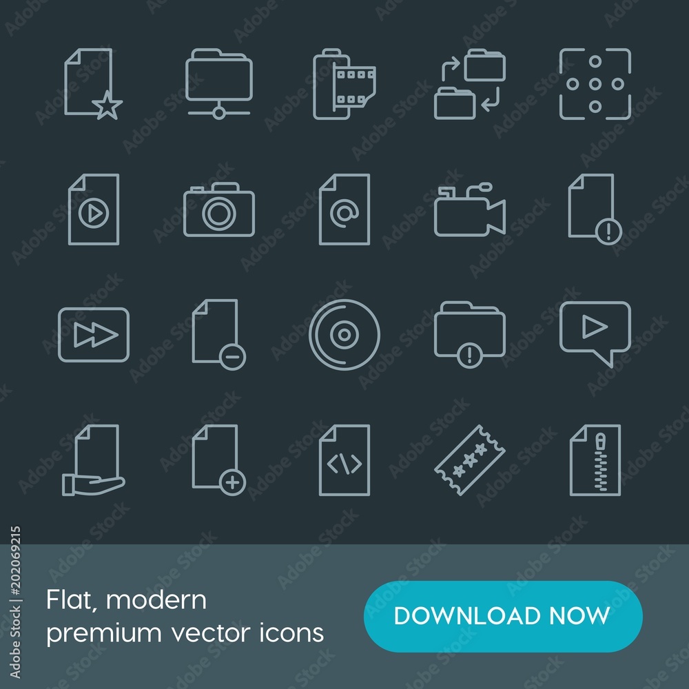 Modern Simple Set of folder, video, photos, files Vector outline Icons. Contains such Icons as  remove,  movie,  internet,  system, cinema and more on dark background. Fully Editable. Pixel Perfect.