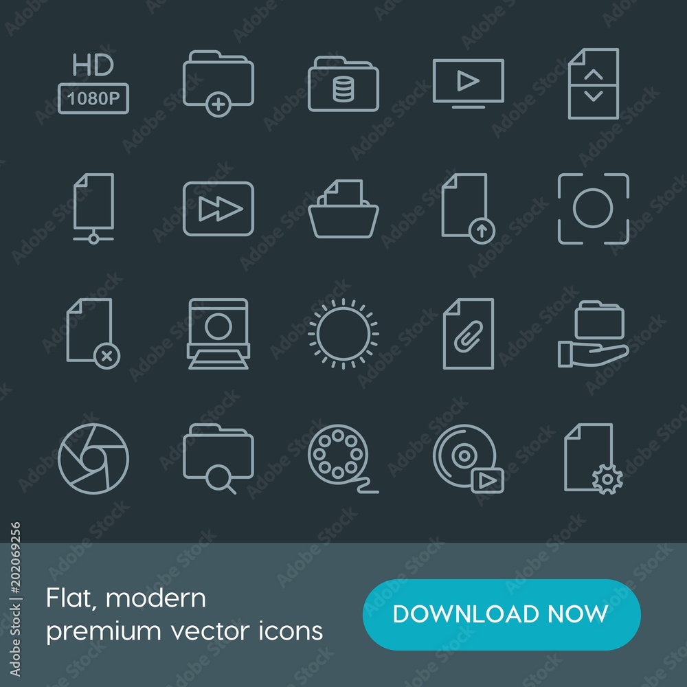 Modern Simple Set of folder, video, photos, files Vector outline Icons. Contains such Icons as  entertainment,  picture,  divider,  high, hd and more on dark background. Fully Editable. Pixel Perfect.