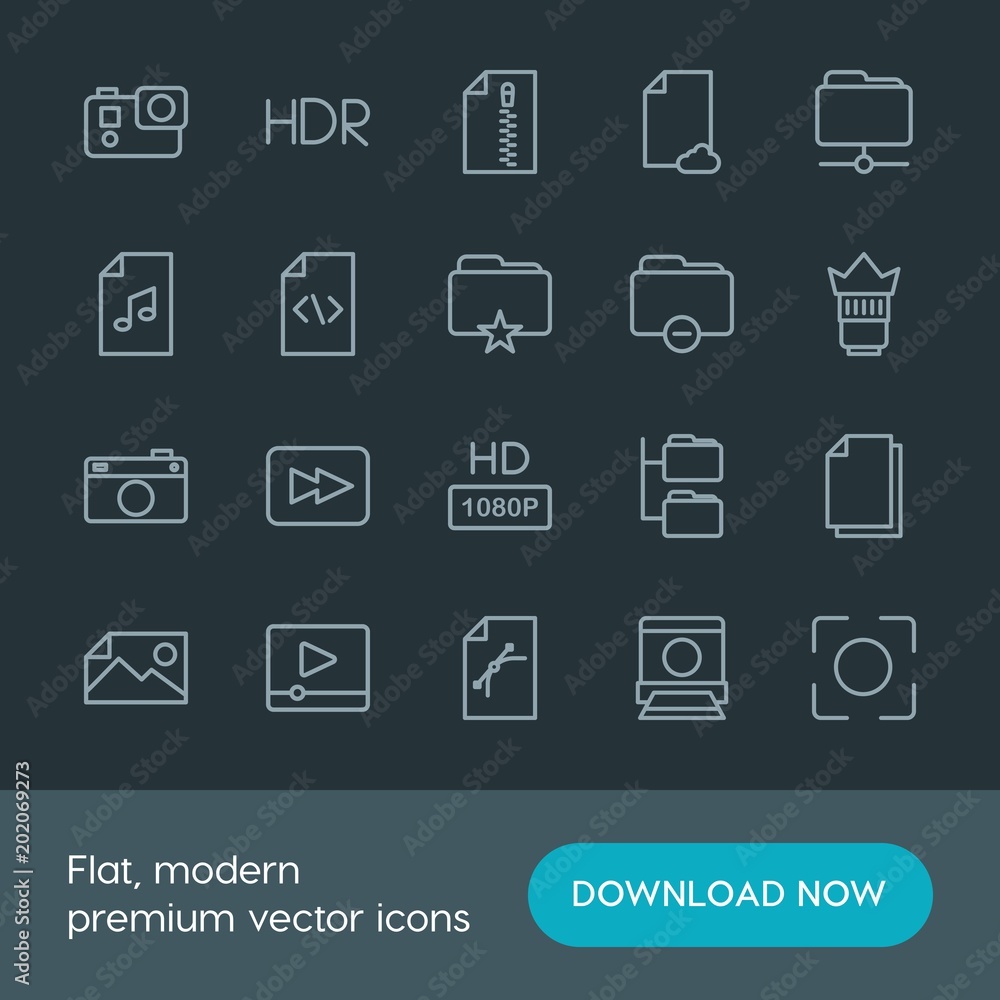 Modern Simple Set of folder, video, photos, files Vector outline Icons. Contains such Icons as caption, cloud, music, landscape, rewind and more on dark background. Fully Editable. Pixel Perfect. Modern Simple Set of folder, video, photos, files Vector outline Icons. Contains such Icons as caption, cloud, music, landscape, rewind and more on dark background. Fully Editable. Pixel Perfect.