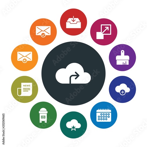 cloud and networking, cursors, design, email Infographic Colorful fill Icons Set. Contains such Icons as  letter,  connection, favorite,  icon,  network,  unbox and more. Fully Editable. Pixel Perfect
