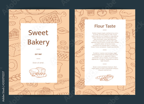 Vector card template illustration with hand drawn doodle bakery elements