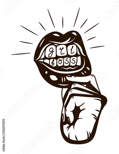 Vector black and white graphic illustration with lettering "girl boss". Design elements for logo with woman's lips and hand isolated from white background