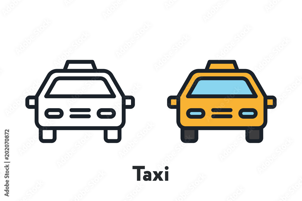 Yellow Taxi Cab Car Front View Minimal Color Flat Line Outline Stroke Icon