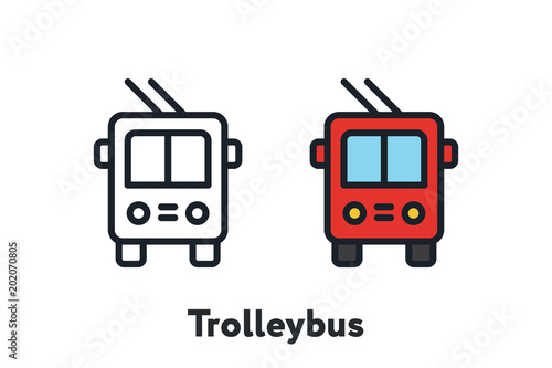 Red Trolleybus Transport Front View Minimal Color Flat Line Outline Stroke Icon