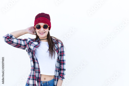 Portrait of beautiful asian hipster girl on white background,Lifestyle of modern woman,Thailand happy woman concept