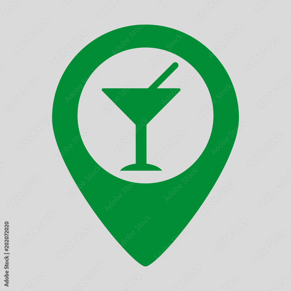 Map pointer with cocktail icon on grey background. Map pointer with cocktail icon on grey background.