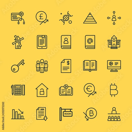 Modern Simple Set of business, money, buildings, education Vector outline Icons. Contains such Icons as chart, teamwork,  training,  book and more on yellow background. Fully Editable. Pixel Perfect.