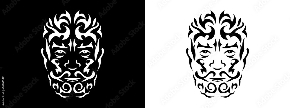 Tribal man portrait, Man portait in tribal style illustration in black and white