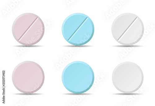 Set of white, blue and pink round medicine pills of various kinds, isolated vector on white background