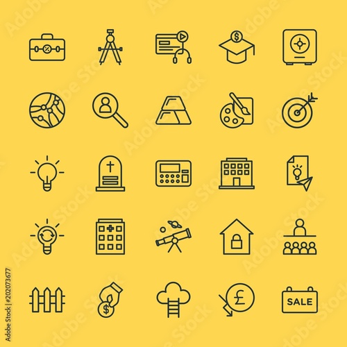 Modern Simple Set of business, money, buildings, education Vector outline Icons. Contains such Icons as  lesson,  death,  isolated,  high and more on yellow background. Fully Editable. Pixel Perfect.