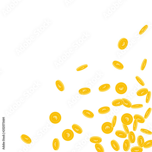 European Union Euro coins falling. Scattered small EUR coins on white background. Breathtaking scattered bottom right corner vector illustration. Jackpot or success concept.
