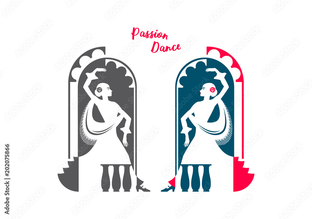 Color and black graphic cartoon drawing of a beautiful Spanish flamenco dancer on the background of the old Castilian architecture. Silhouette, engraved, illustration, vector, isolated on background. Color and black graphic cartoon drawing of a beautiful Spanish flamenco dancer on the background of the old Castilian architecture. Silhouette, engraved, illustration, vector, isolated on background.