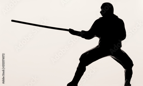 silhouette of a ninja with a stick in his hand