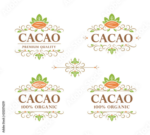 Set of vector vintage flourish calligraphic cacao logos (emblem, label, design, template). 