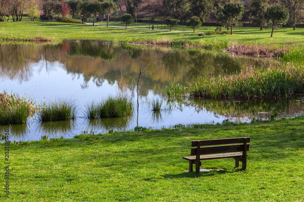 Garden bench overlooking the lake or pond of Parque da Devesa Urban Park in Vila Nova de Famalicao, Portugal. Built near the center of the city. View of the green grass lawns, and lake. Garden bench overlooking the lake or pond of Parque da Devesa Urban Park in Vila Nova de Famalicao, Portugal. Built near the center of the city. View of the green grass lawns, and lake.
