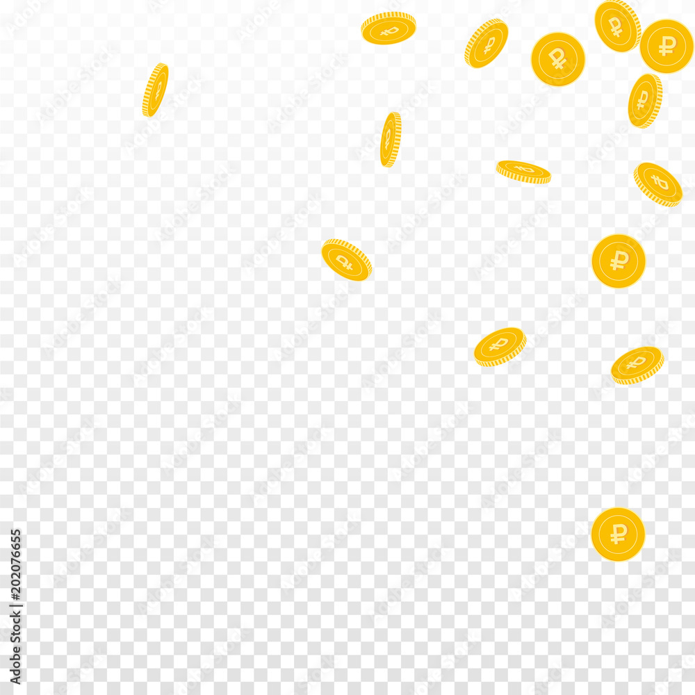 Russian ruble coins falling. Scattered sparse RUB coins on transparent background. Enchanting scattered top right corner vector illustration. Jackpot or success concept. Russian ruble coins falling. Scattered sparse RUB coins on transparent background. Enchanting scattered top right corner vector illustration. Jackpot or success concept.