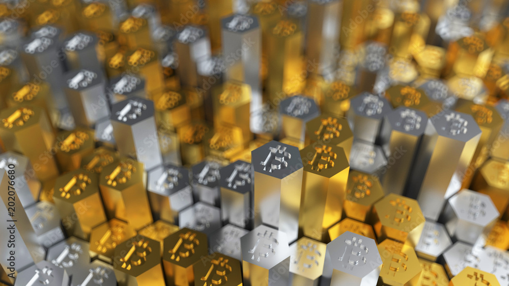 3d rendering golden and silver coins and hexagons 3d rendering golden and silver coins and hexagons