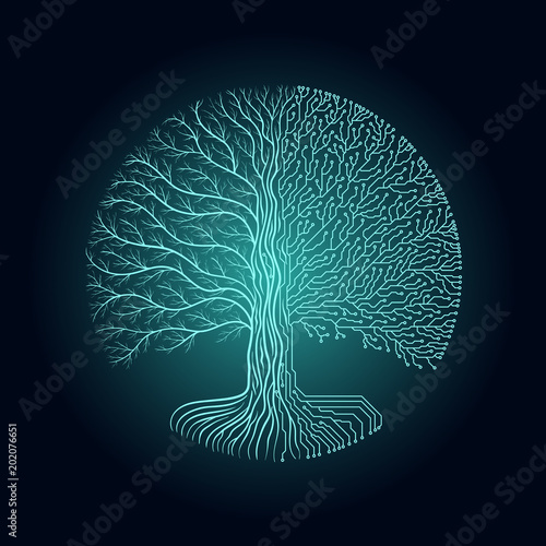 Hi-tech circuit style round yggdrasil tree. Cyberpunk futuristic design. Progress symbol