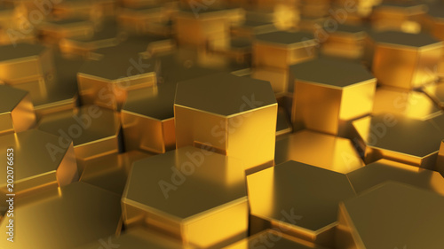 3d rendering golden and silver coins and hexagons
