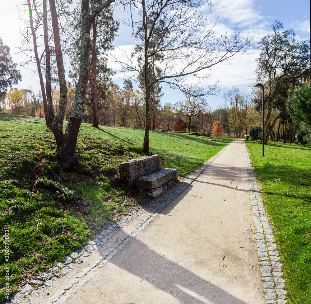 Garden or park bench near an empty dirt path, track, trail or pathway through the trees and green grass lawn in Parque da Devesa Urban Park. Vila Nova de Famalicao, Portugal