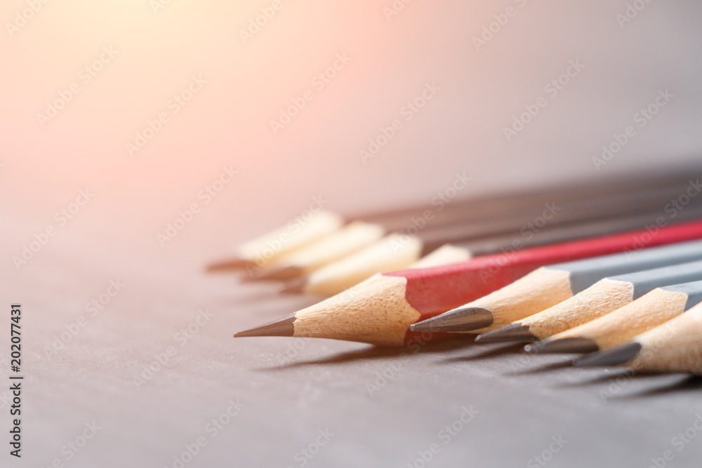 Obraz premium Group slate pencils different on black surface. Tinted by sunlight