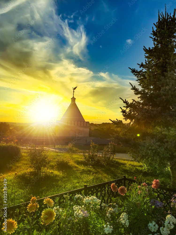 Sunset over famous, ancient Presentation Monastery  Optina. City Kozelsk, Kaluga region Russia. Monastery - a popular destination of pilgrims. The monastery is a large number of tourists