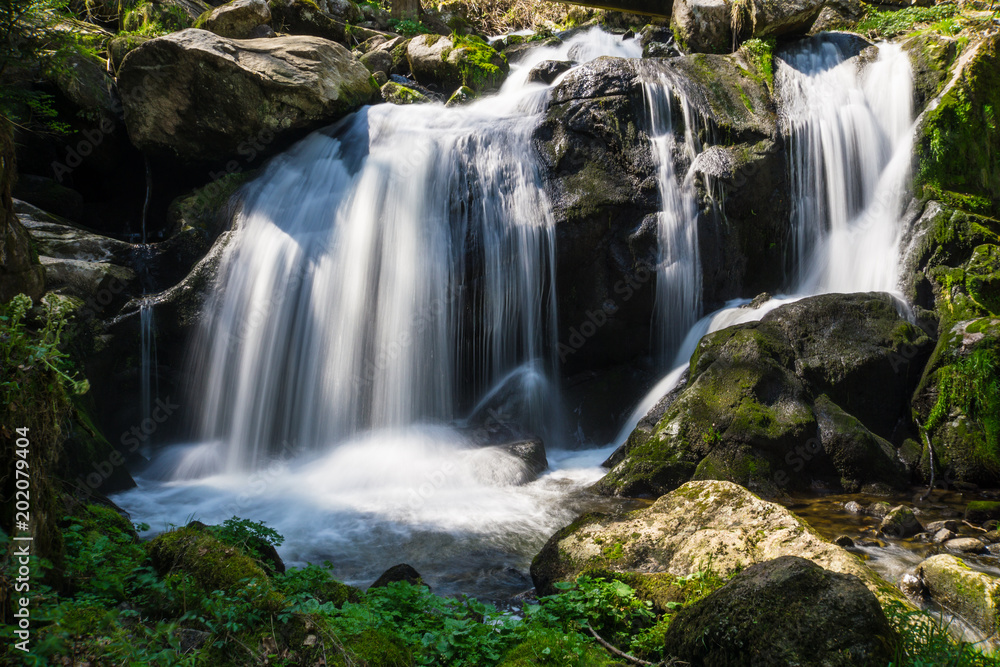 Germany, Sun shining on german triberg waterfalls in between green moss covered stones Germany, Sun shining on german triberg waterfalls in between green moss covered stones